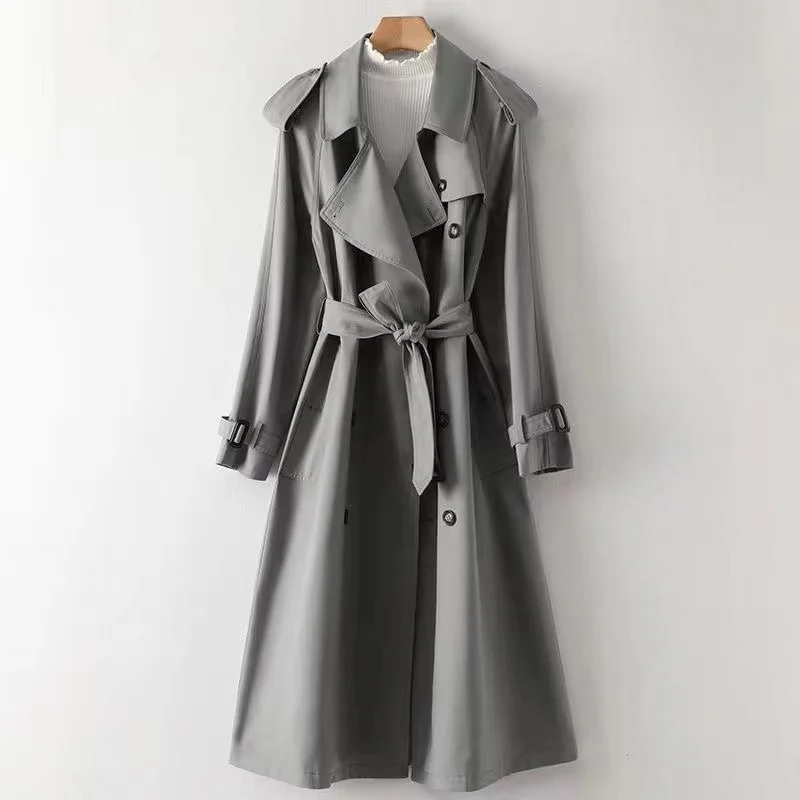 Spring Autumn Casual Mid-length Trench Coat 2024 Women With Sashes Double-breasted Lapel Female Windbreaker Gray Outerwear