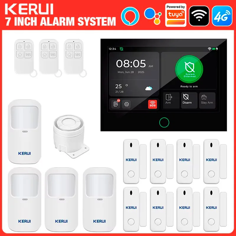 KERUI 7-inch groot touchscreen huisinbraakalarm WiFi + 4G alarmsysteem werkt met Tuya Smart FSK/ASK beveiligingsbescherming 433MHZ PIR-sensor