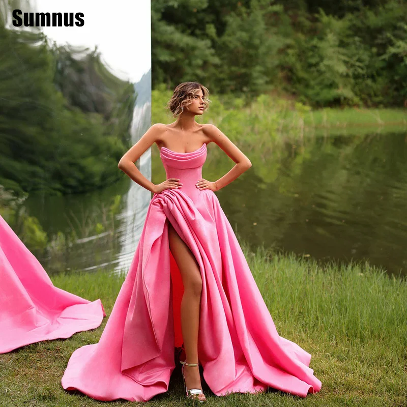 

Sumnus Сексуальное вечернее платье трапециевидной формы с вырезом лодочкой и складками без рукавов с высоким разрезом Пром платья فساتين سهرة Gala Customized