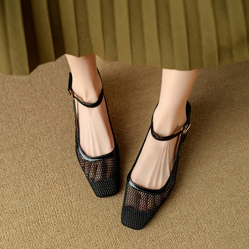 NEW Summer Women Sandals Square Toe Chunky Heel Shoes for Women Cover Toe Black Mesh Shoes Ankle Strap Cover Heel Modern Sandals