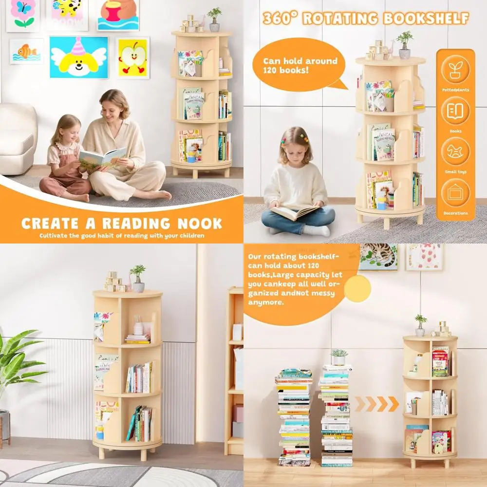 برج رف كتب دوار للأطفال، منظم كتب خشبي دوار 360 درجة مكون من 3 طبقات للأطفال الصغار، خزانة كتب دوارة مستديرة من مونتيسوري #1