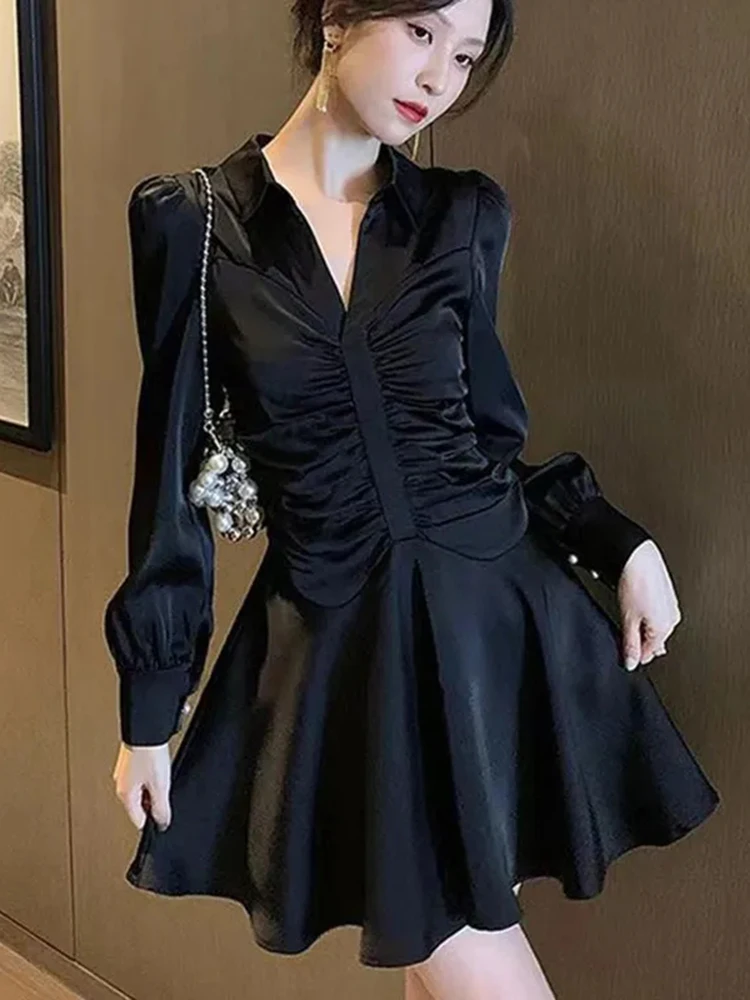 Minivestido elegante francés para mujer, Vestidos ajustados de manga larga con pliegues y cuello en V, moda estética lisa, Vestidos de oficina para mujer