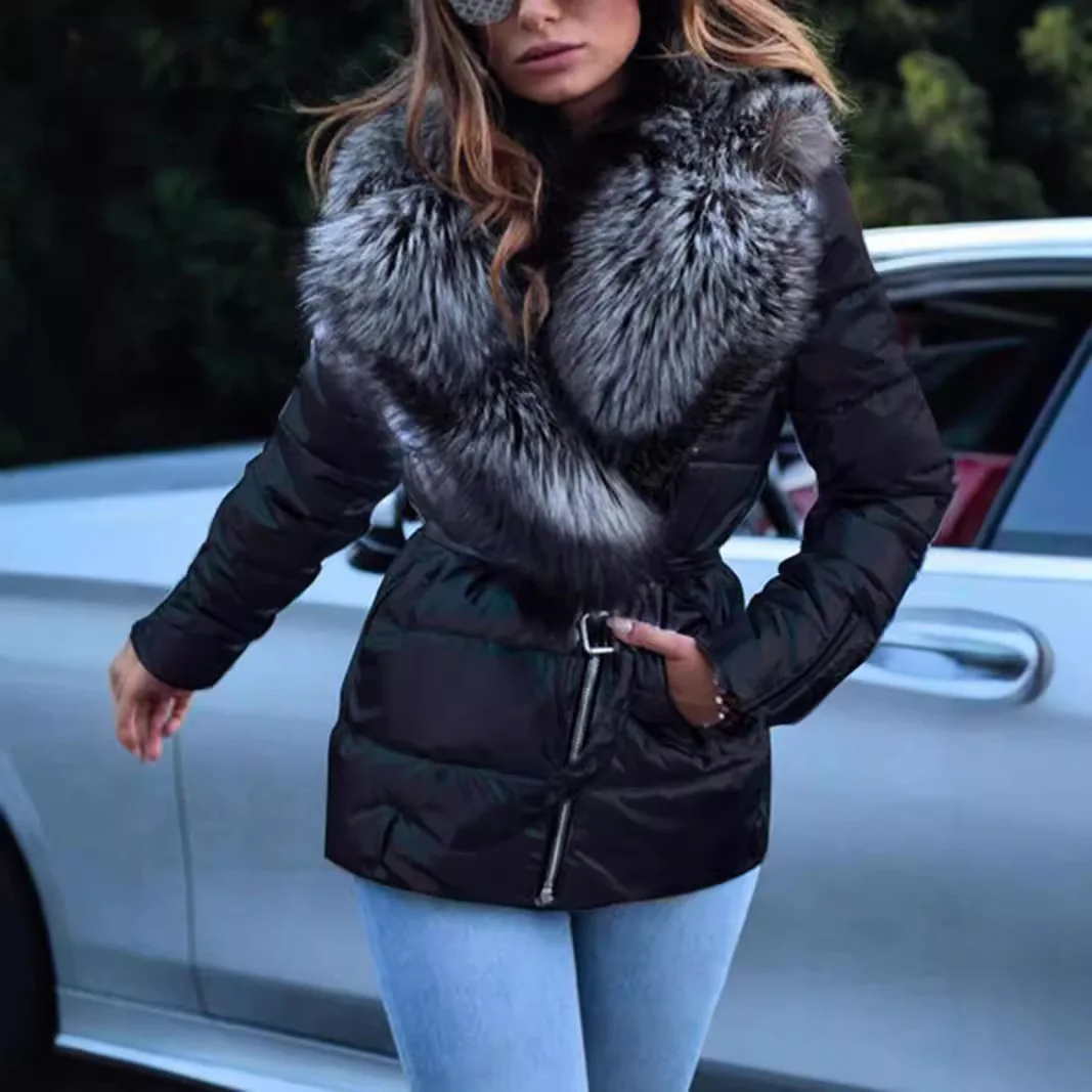 Ladies Winter Warm Shiny Short Coat Thick Fake Fur Collar Long Sleeve Jacket