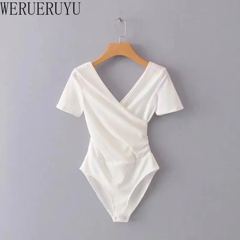 Sexy Elegant Bodysuit Womens Summer Clothes Short Sleeve V-neck T-shirt Tops White Black Streetwear Bodycon Jumpsuits for Women