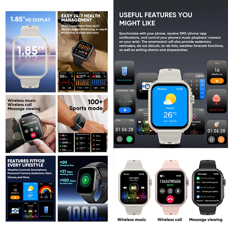 لـ IOS Android Smart Watch الرجال النساء بطارية 1000mAh AMOLED معدل ضربات القلب 100 + الرياضة HD بلوتوث مكالمة الساعات الذكية المقاومة للماء