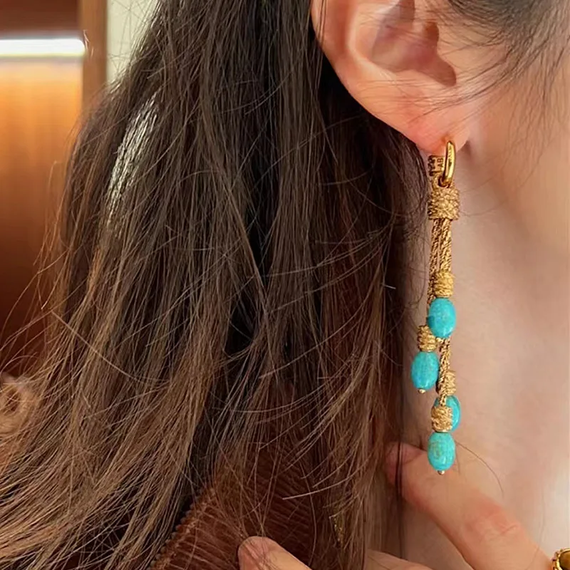 

Designer Fashion Natural Blue Turquoise 14K Gold Filled Ear Dangle Drop Tassel Beads Hoop Earrings Bohemia Boho Handmade Jewelry