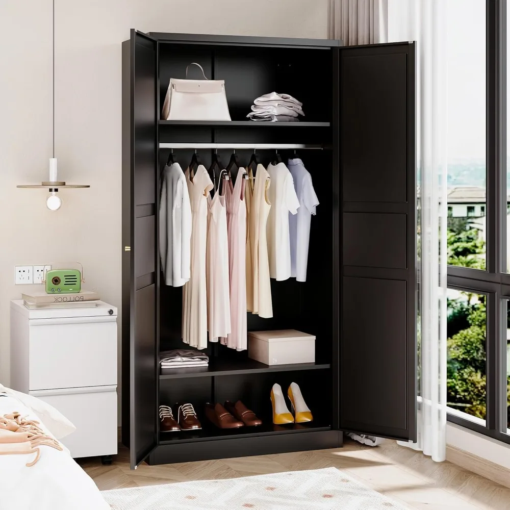 Metal Armoire Wardrobe Closet with 2 Doors 72'' Wardrobe Cabinet with Hanging Rail Metal Closet with Adjustable Shelves for Bedr