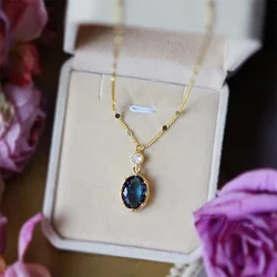 Huitan Simple and Elegant Oval Blue Stone Pendant Necklace Gorgeous Wedding Bridal Accessories Gift Fashion Jewelry for Women