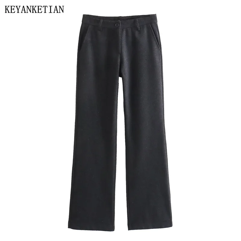 

KEYANKETIAN Winter New Women's Blended Wool Pants Zipper Zipper Pockets Loose Padded Simply Long Trousers Black Bell Bottoms