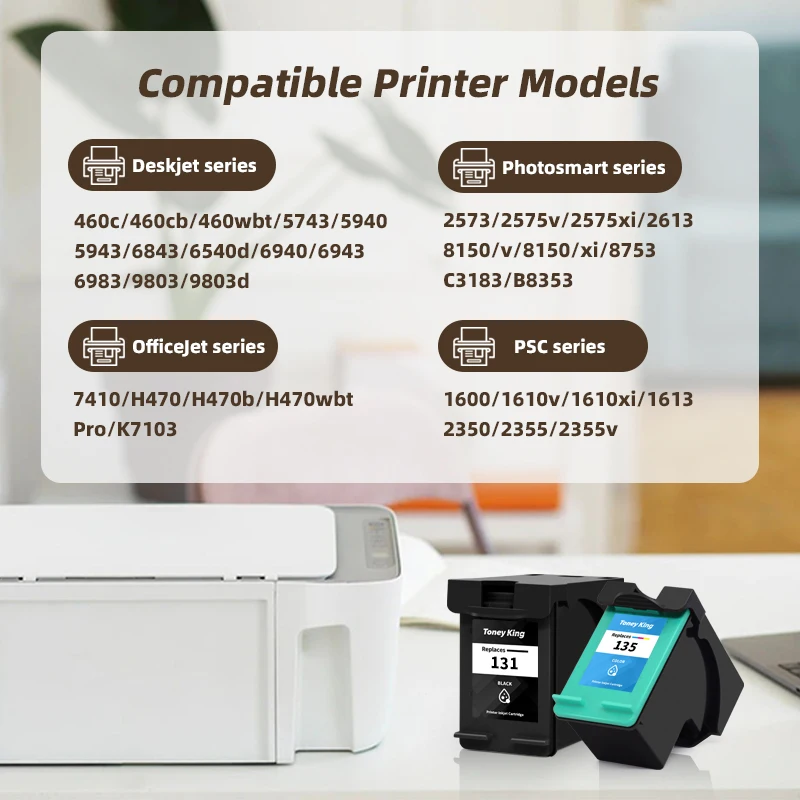 TONEY KING-Cartucho de tinta de substituição para HP, Officejet 7410, H470, H470b, H470wbt Pro, K7103, PSC 1600, 1610v, 1610xi, 1613, 2350, 131