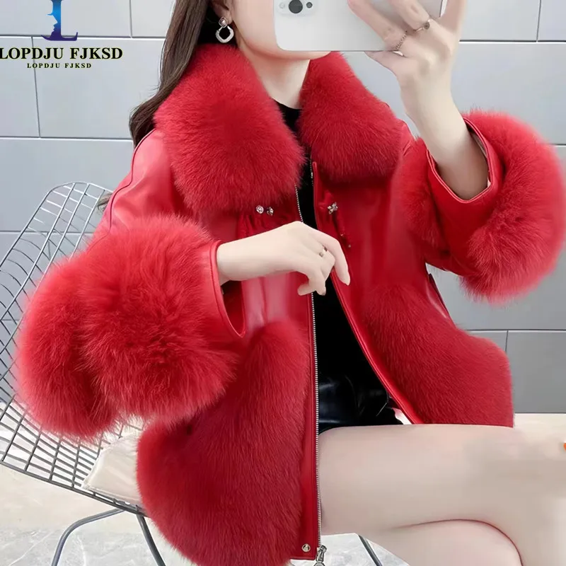 Women's Faux Fox Fur Collar PU Coat, Loose Long Overcoat,Zippers,Spliced,Thick, Warm Female Tops, Winter, New, 2024