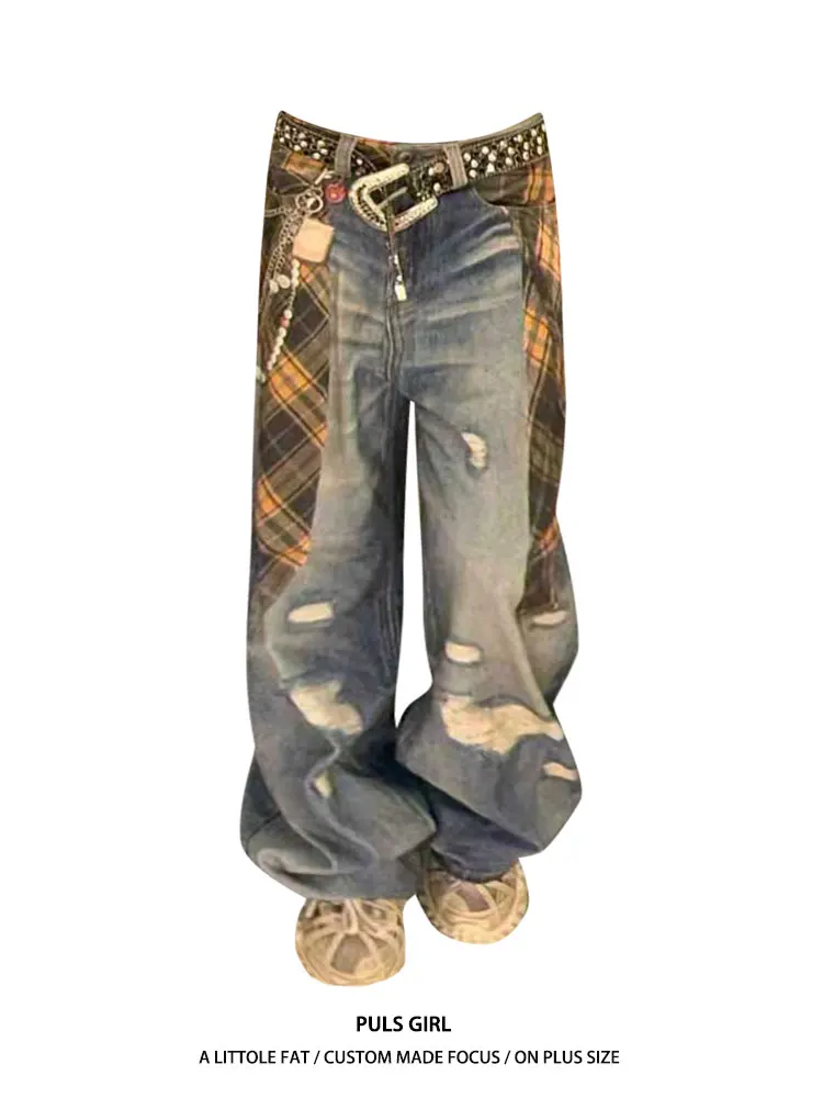 

Large Size American Style Street Wash Plaid Shirt Printed Denim Pants Women's Loose Drapey Wide Leg Long Trousers