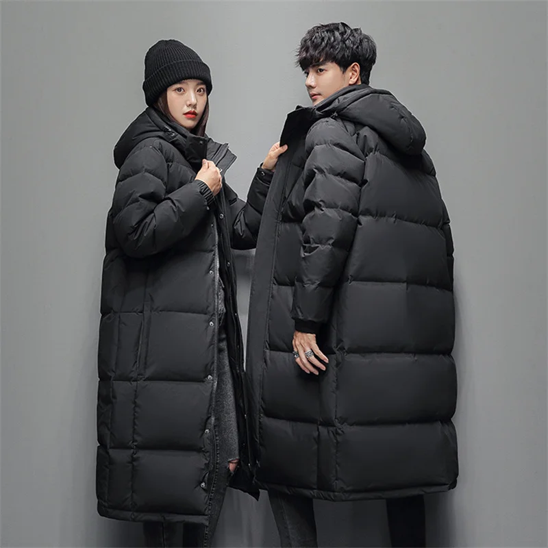 FGKKS 2025 Couple Winter Down Jacket Fashion Classic Slim Korean Style White Duck Down Men's Long Coat Women Hooded Outwear