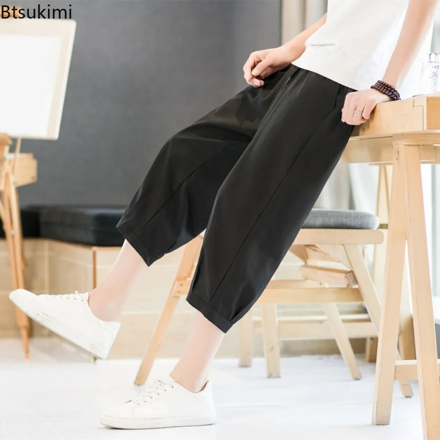 Summer New Men's Loose Casual Trousers Breathable Solid Drawstring Sport Pants Thin Style Quick Drying Joggers Men Capris Shorts