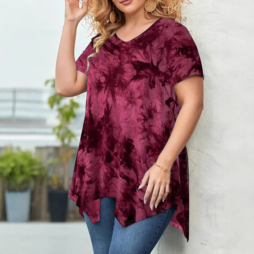 เสื้อยืดโอเวอร์ไซส์แขนสั้นผู้หญิง แฟชั่นฤดูร้อน 2025 เสื้อยืดลายมัดย้อมสไตล์วินเทจ ไซส์ XL-XXXL
