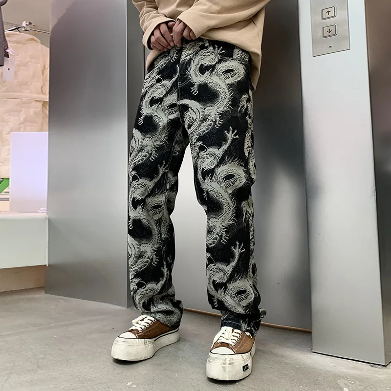 

High Street Retro Dragon Print Embroidered Jeans Men's Chinese Style Tide Handsome Fried Street Straight Trousers