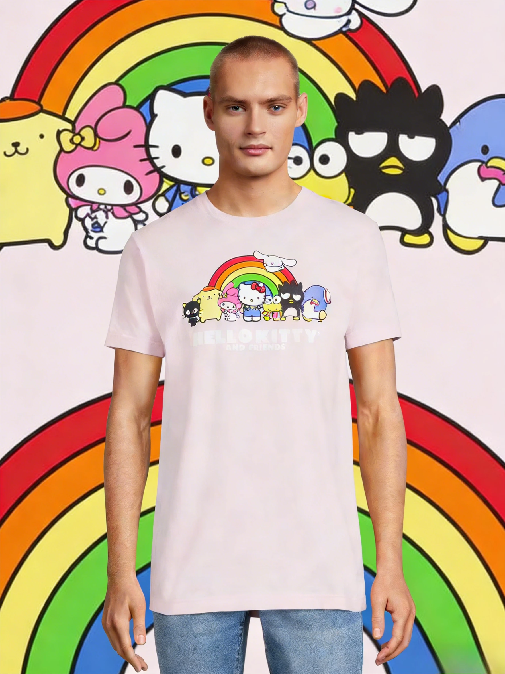 

Летняя футболка оверсайз 2026 года с принтом Hello Kitty и друзья в радужной тематике, 100% хлопок, для взрослых и детей, в стиле Y2K