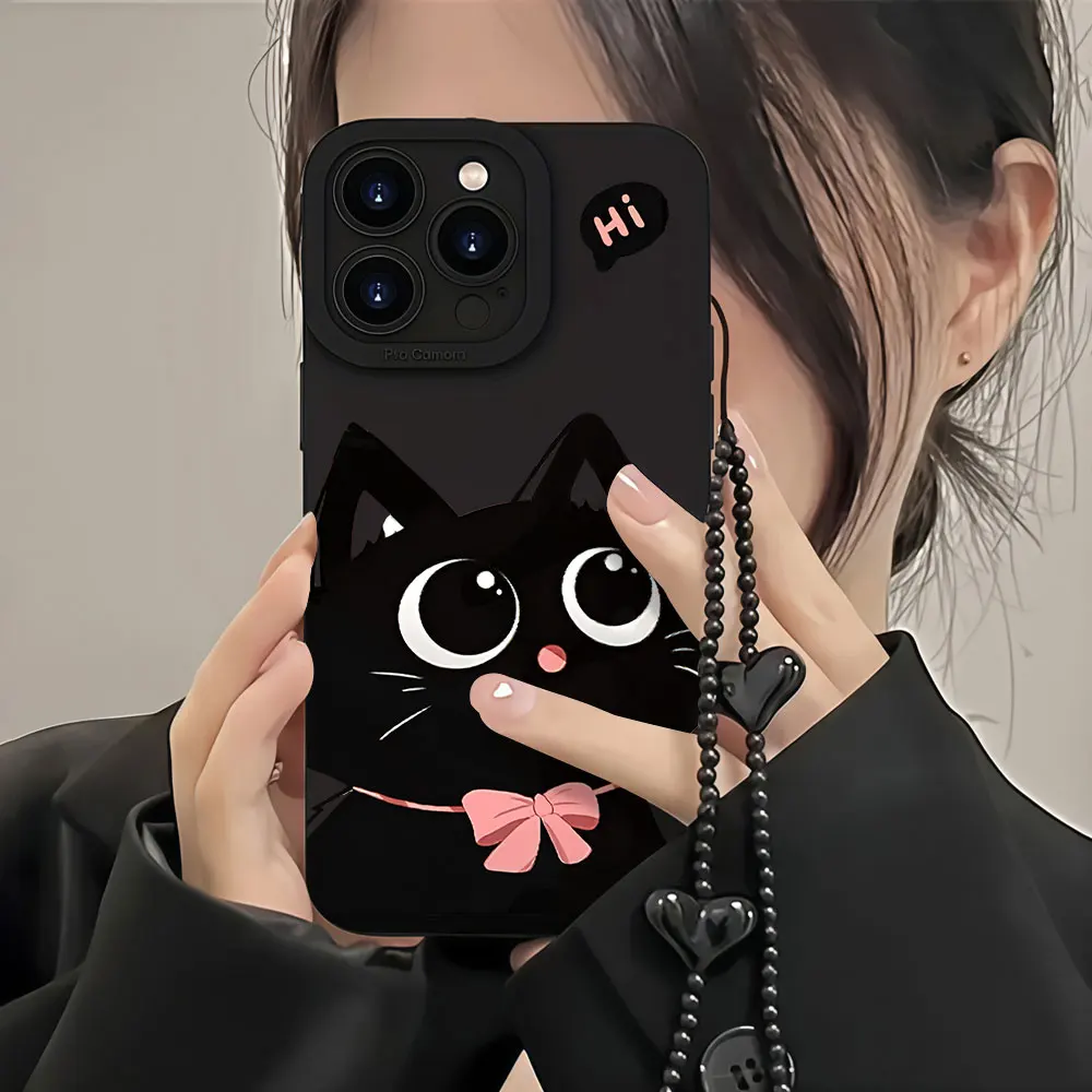 Shockproof Cartoon Black Cat Phone Case For iPhone 17 16 15 14 13 12 11 Pro Max X XS XR 7 8 15 16 14 Plus 16E With Strap Cover view 3
