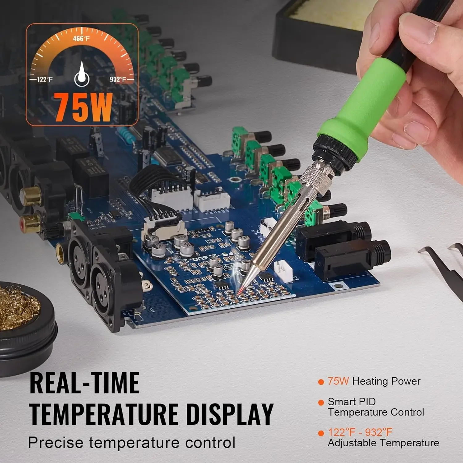 75W Digital Display Soldering Station Kit, 122°F- 932°F Temp Control & Built-in Transformer, Auto Standby & Sleep Mode