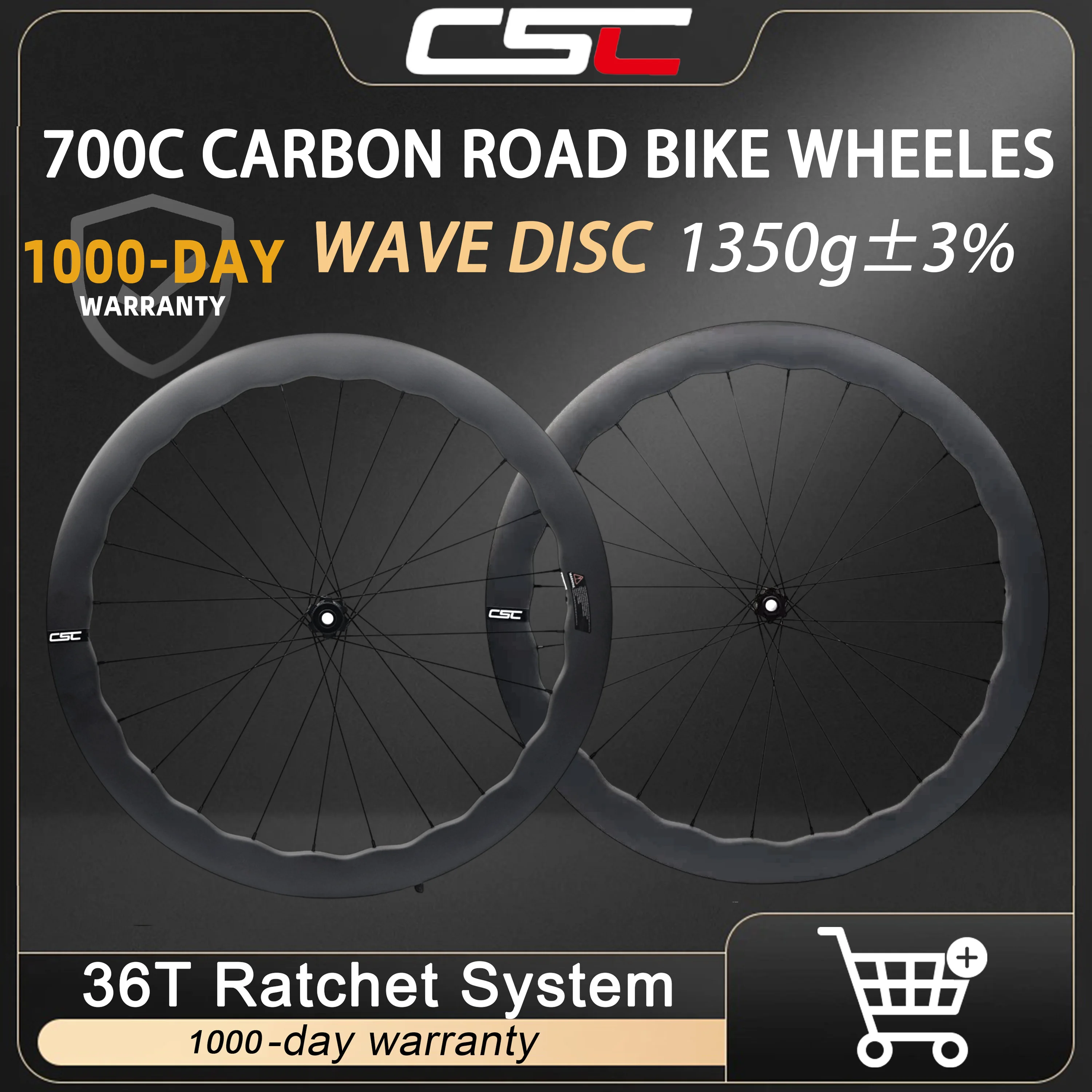 Карбоновый колесный комплект CSC Wave Disc 1350г 700C для шоссейного велосипеда, ширина 32 мм, высота обода 45/50 мм, спицы Pillar 2015 с креплением Ratchet 36T