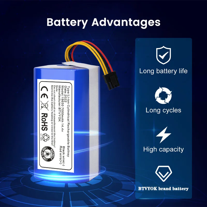 BTVYOK new 14.4v 7000mAh Li-Ion Battery for Cecotec Conga 1290 1390 1490 1590 Replacement Robot Vacuum Cleaner Battery