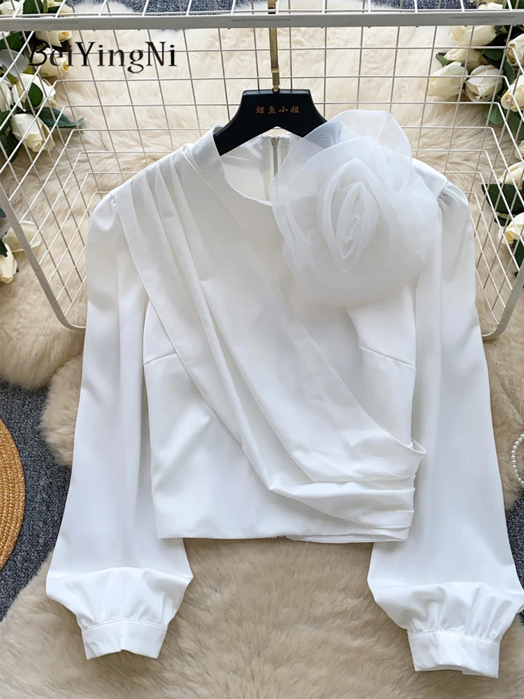 

Beiyingni 2026 New Fashion Women's Blusas 3D Flower Back Zipper Ruched Casual Shirts Ladies Solid Color Simple French White Top