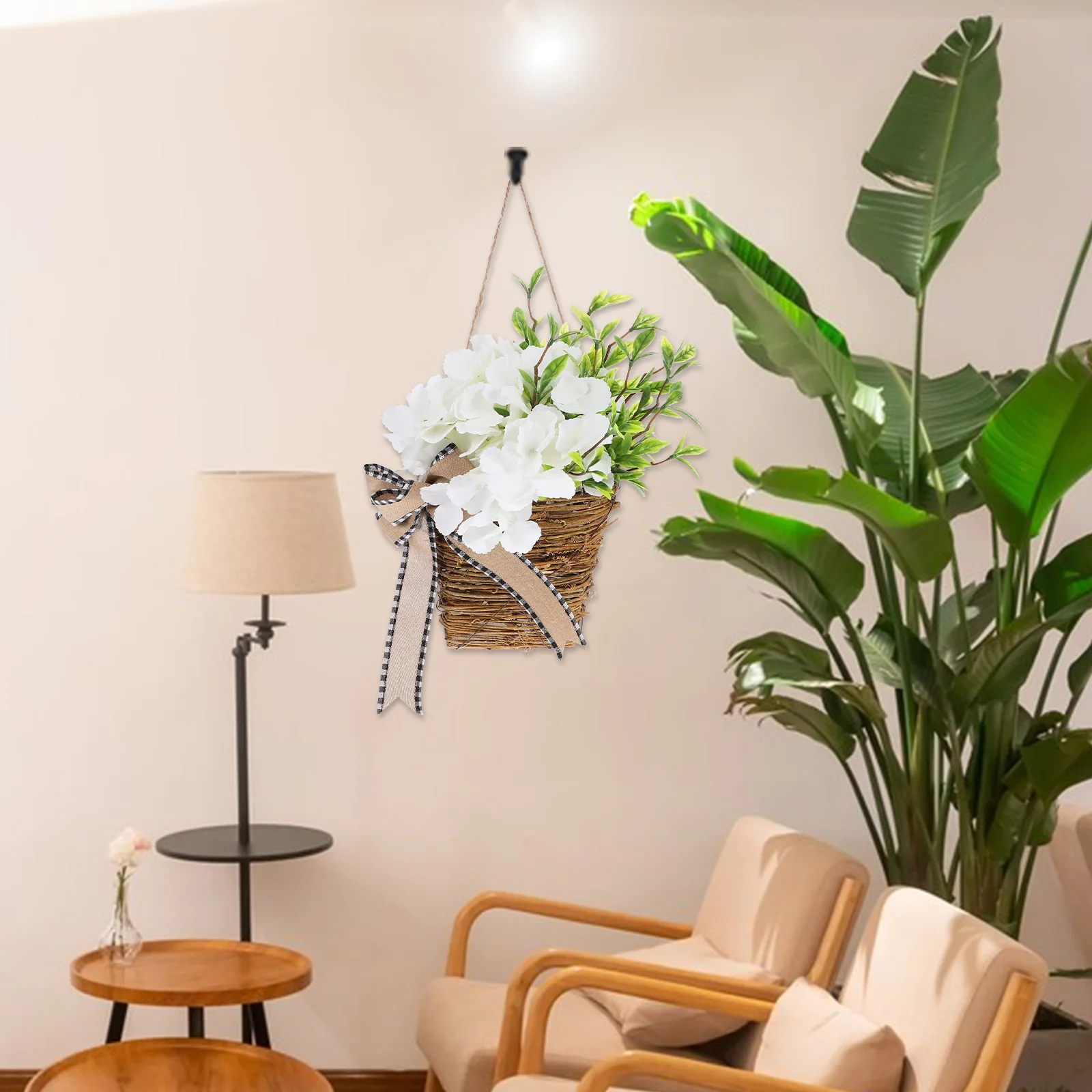 

Artificial Hanging Basket Cream Hydrangea Jute Bow Farmhouse Decor Front Door Artificial Flower Decor Flowers Porch Wreath