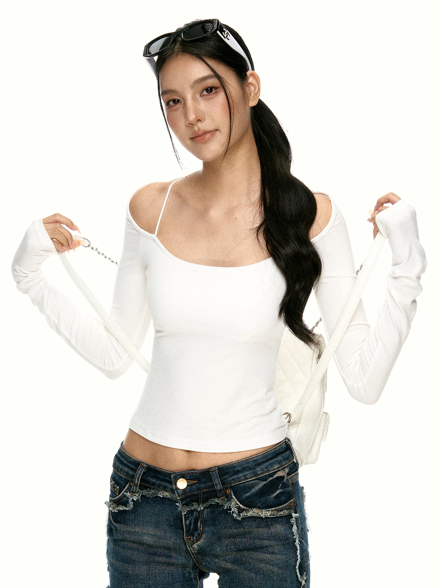 Aaisup White Simple One-Shoulder Long Sleeve T-Shirt Women's Early Autumn Design Spicy Slim Fit Base Shirt Top Casual Style