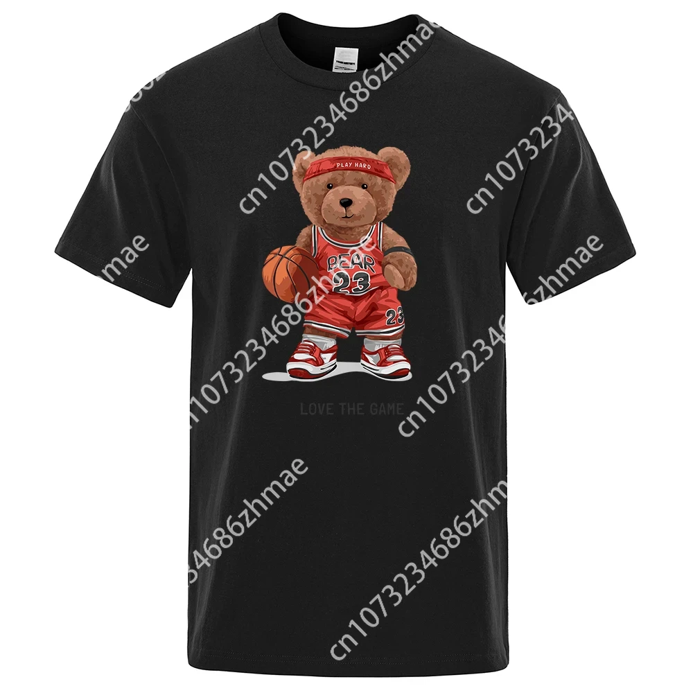 Teddy Bear 23 Love The Game Play Basketball Print Funny T-Shirt Men Loose Oversize Cotton Quality Short Sleeve For Man 80346