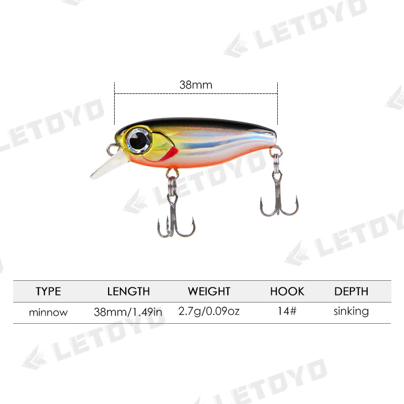 LETOYO 2.7g 38mm Sinking Minnow lure with sharp hooks mini fishing lure with good balance crankbait wobblers for Trout and Bass