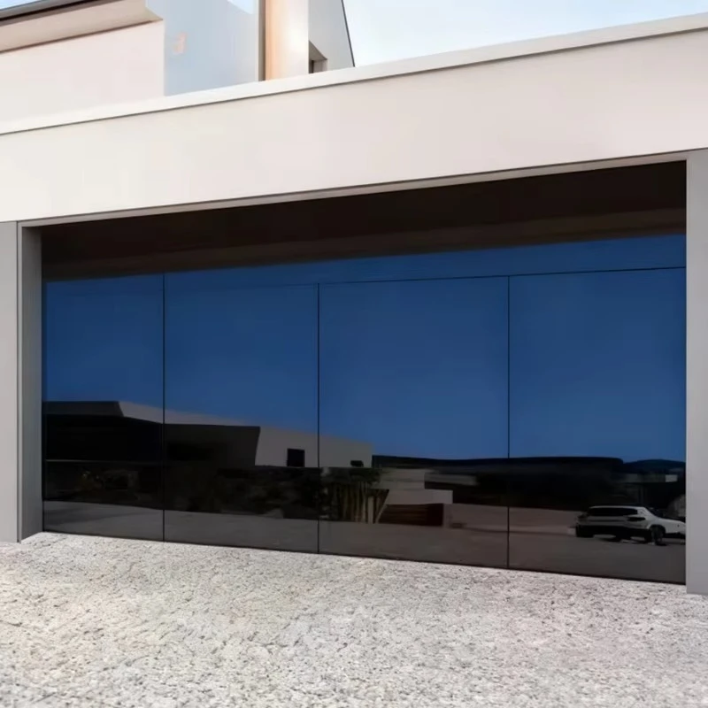 Modern Frameless Glass Garage Door 16x7 Black Glass Sliding Overhead Double Aluminum Garage Doors