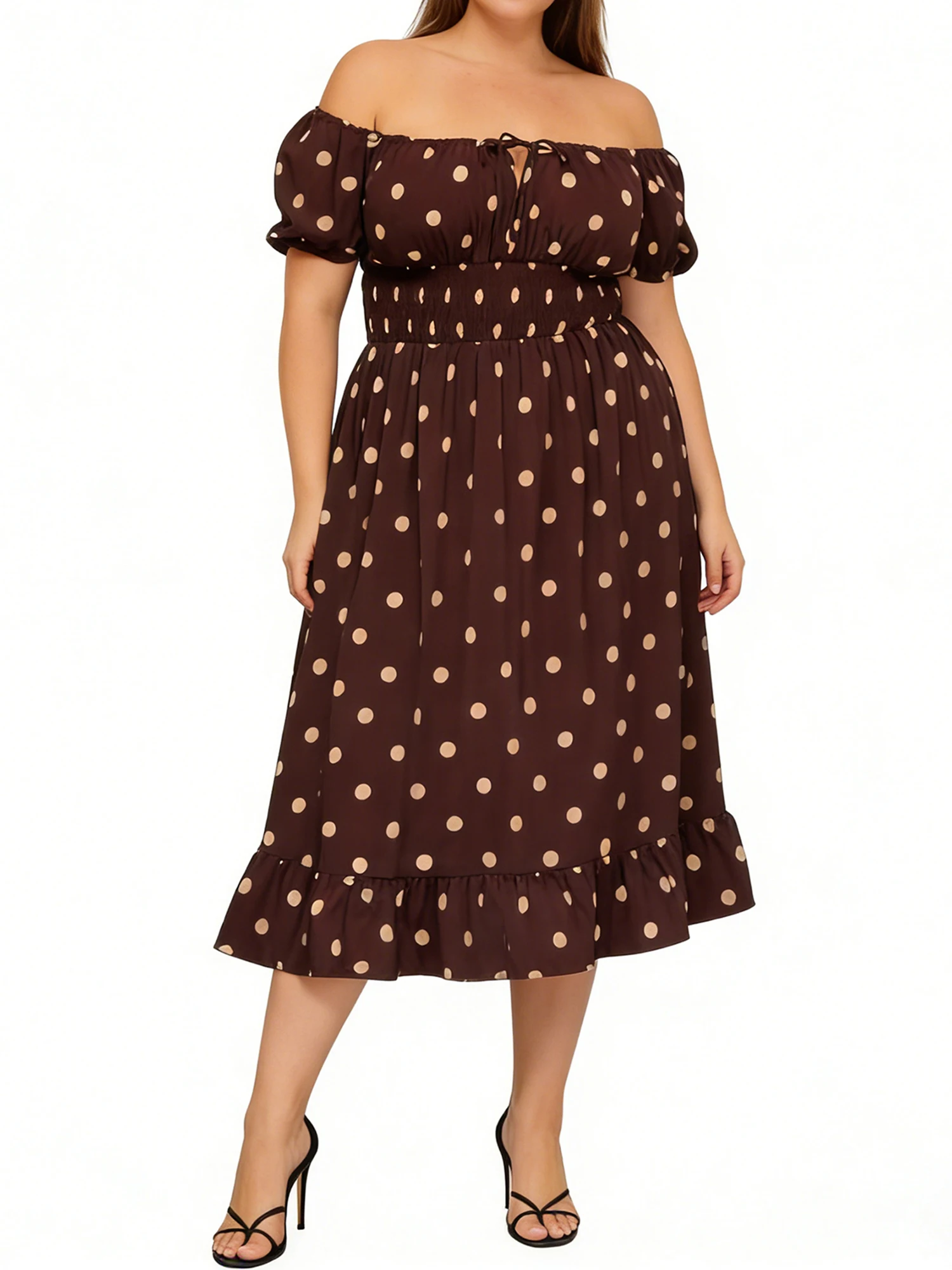 

Women s Plus Size Long Dress Summer Fashionable Dot Print Off The Shoulder Short Sleeve Ruffle Dress