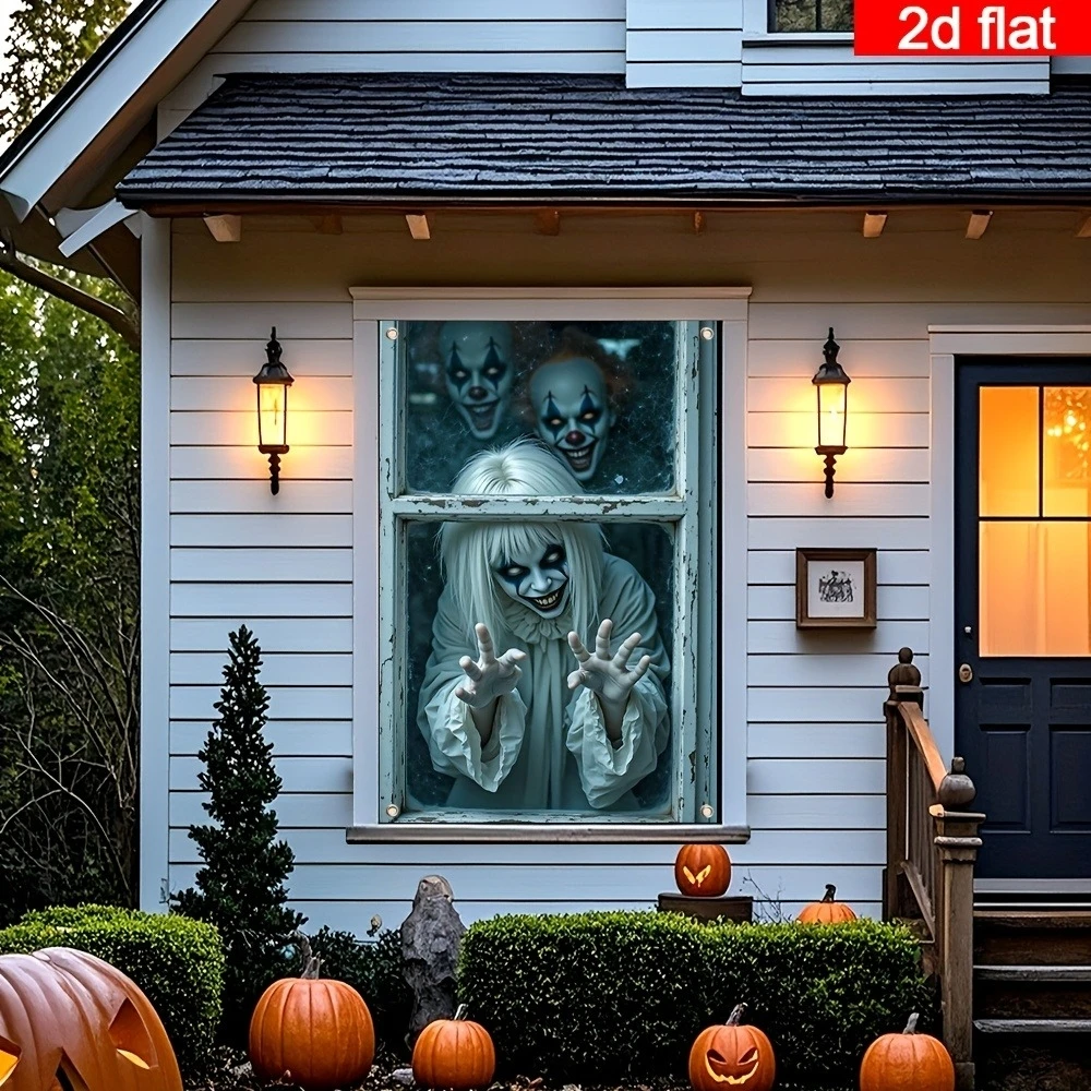 Halloween-Horror-Fensterbanner mit Rot Leuchtenden Augen, Monster, das aus dem Geisterhaus spählt, Fensterhängedekoration für Partys, Innendekoration, Requisit – Detail 7