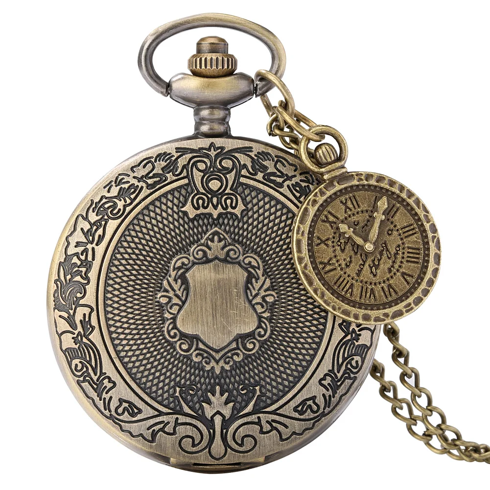 Bronze Shield Pattern Alloy Metal Quartz Pocket Watch with Necklace Classic Roman Numerals White Dial Retro Style Timepiece Gift