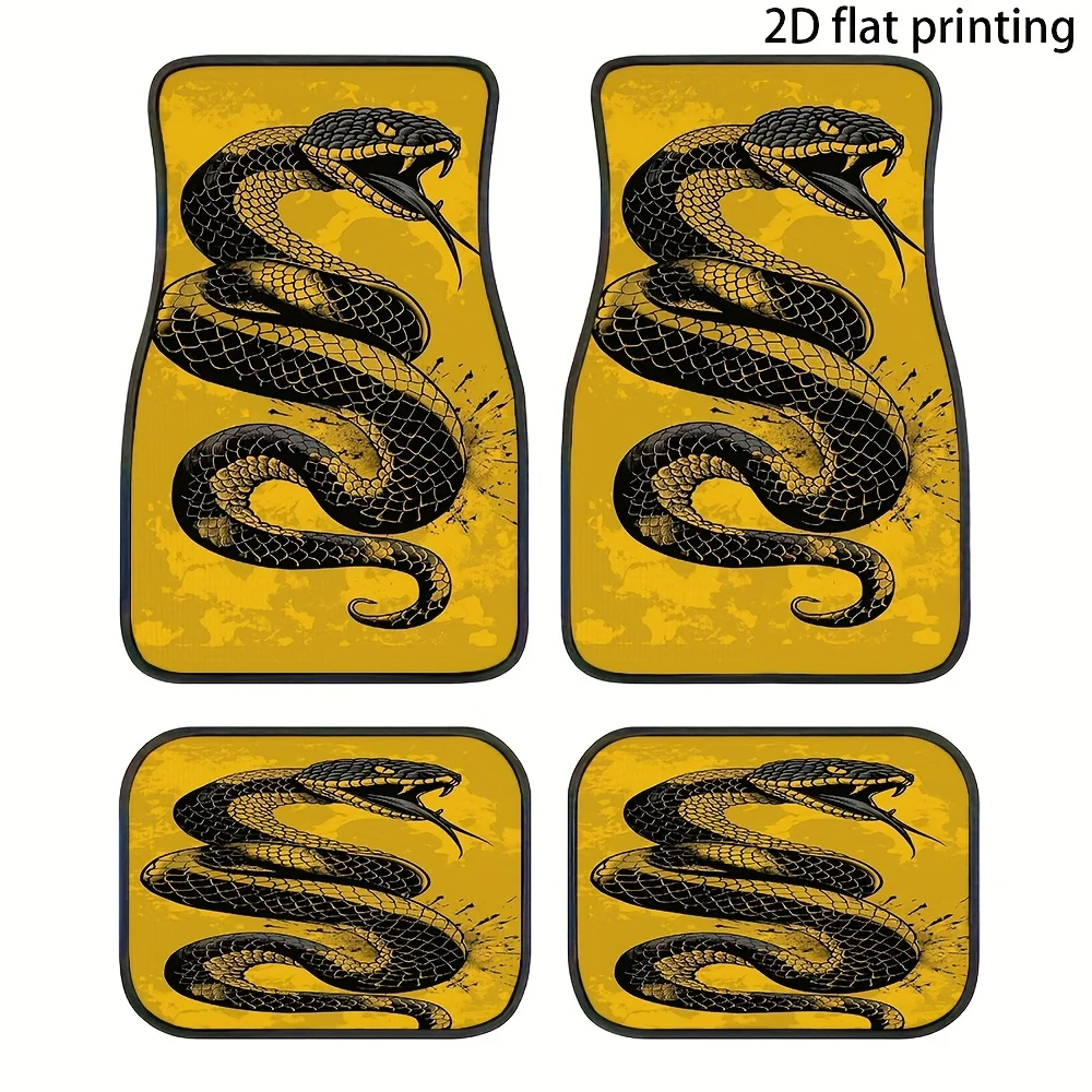 4pcs Car Floor Mats, Black And Yellow Snake Pattern, Made Of Polyester Fiber, Universal Car Mats, Suitable For All Seasons, Auto