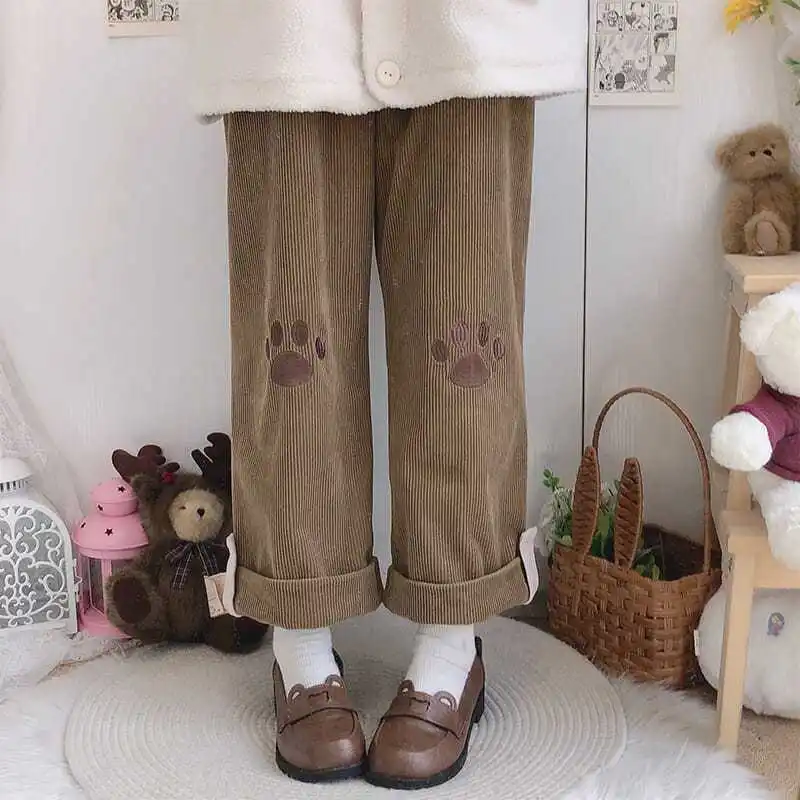 Corduroy Cute Casual Pants for Women Preppy Style Fashion All-matching Wide Leg Pant Sweet Ins Streetwear New Lovely Autumn Girl