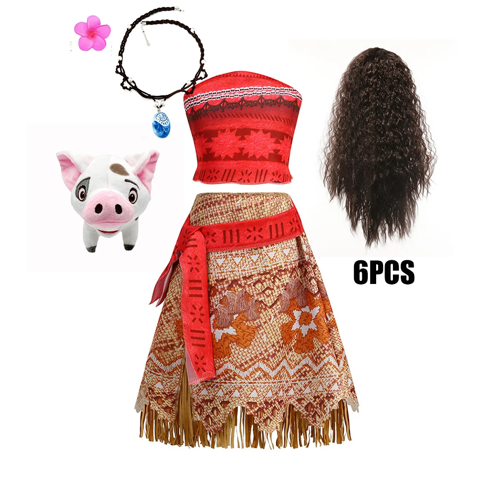 Movie Mona Dress for Kids Girls Princess Viana Cosplay Children Birthday Party Halloween Necklace Pet Pig Chicken Set Full Print