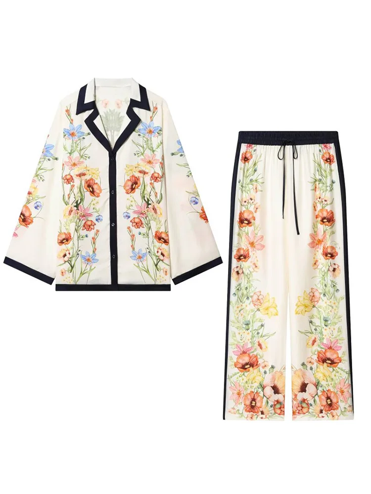 

2026 Women Summer Loose 2-Pieces Sets Vintage Print Shirts Tops and Trousers Female Elegant Street Two Suits Clothing