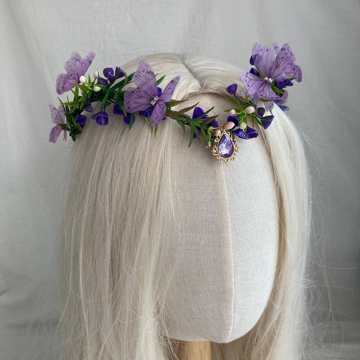 Purple Flower Headpiece - Fairy Floral Crown Woodland Elf Headband Forest Wreath Elven Tiara for Renaissance Cosplay Wedding