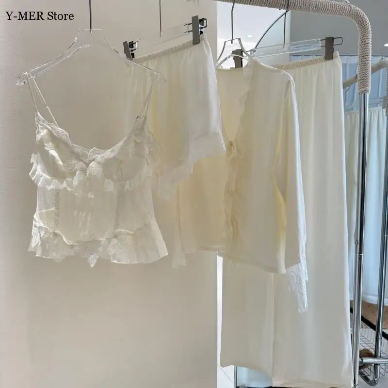 

Милый бежевый пижамный костюм с кружевной отделкой, стиль принцессы, Pijama Mujer, пижама из ледяного шелка, женская летняя осенняя новая домашняя одежда, нижнее белье