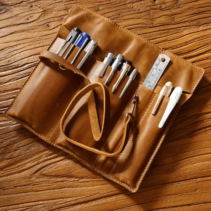 Vintage PU Leather Pencil Case Multi Compartment Organizer With Elastic Closure Key Loop Wrist Strap For Office School Supplies