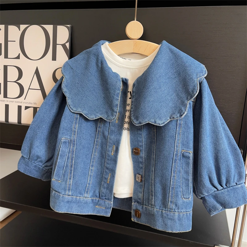 Baby Girls Jacket Turn Down Collar Long Sleeved Denim Jacket Spring Autumn Solid Casual Girls Jean Coat Outerwear