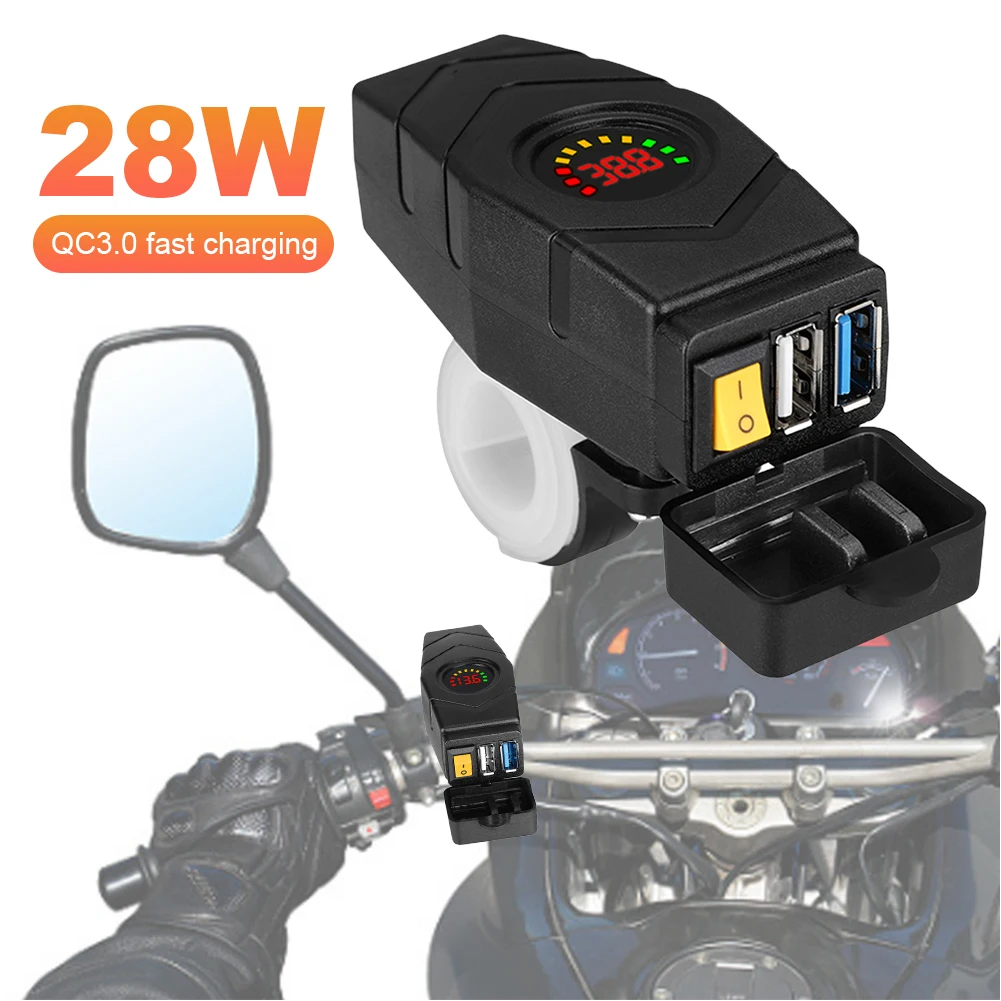 

28W QC3.0 E-bike Handlebar USB Charger with Switch Dual USB Fast Charging Adapter Waterproof Cover 20-90V Motorcycle Accessories