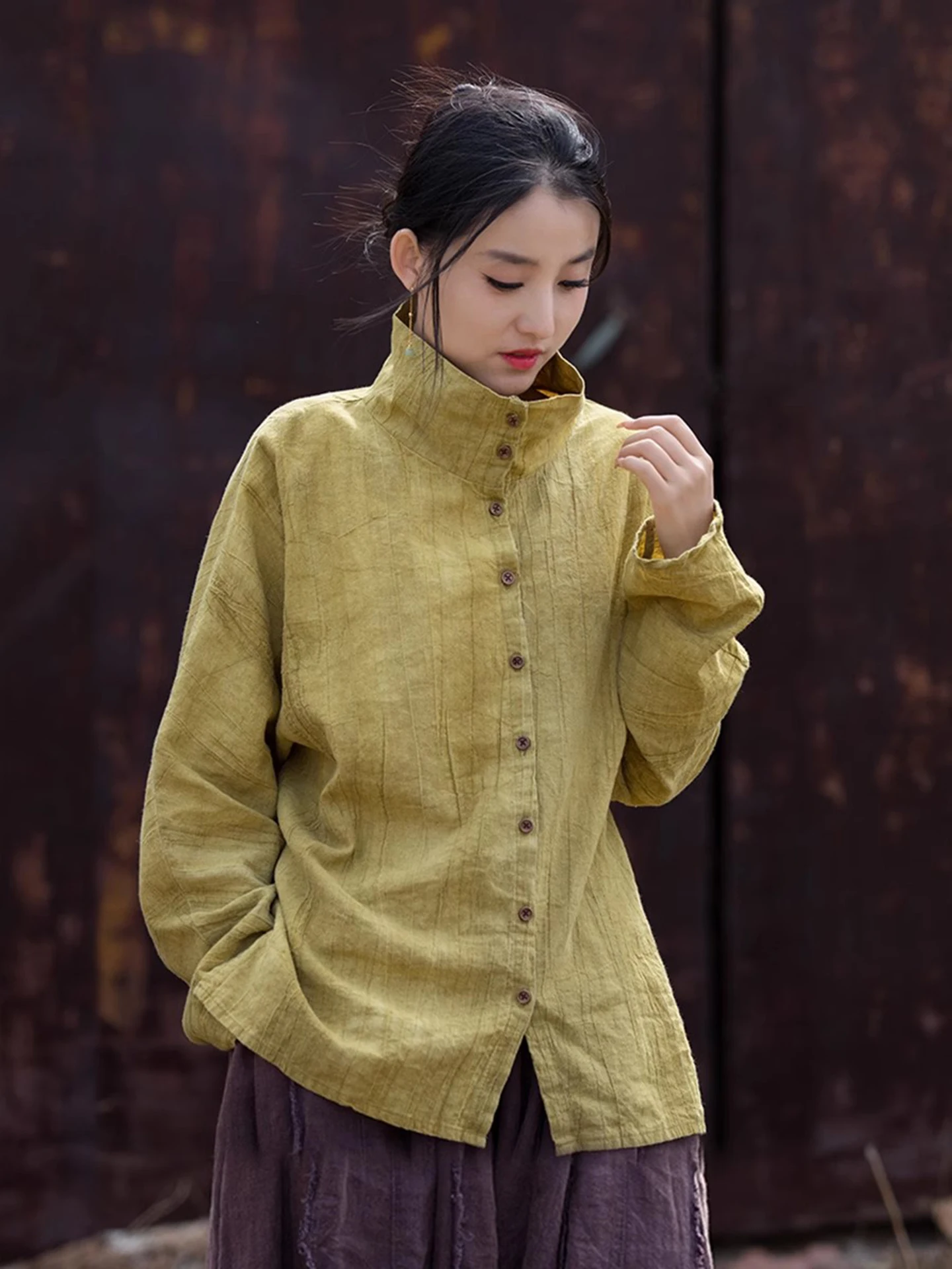 Women's Cotton Linen Long Sleeve Dyed Shirt Loose Versatile Chinese Style Half High Collar Open Cardigan Breathable Spring Ou...