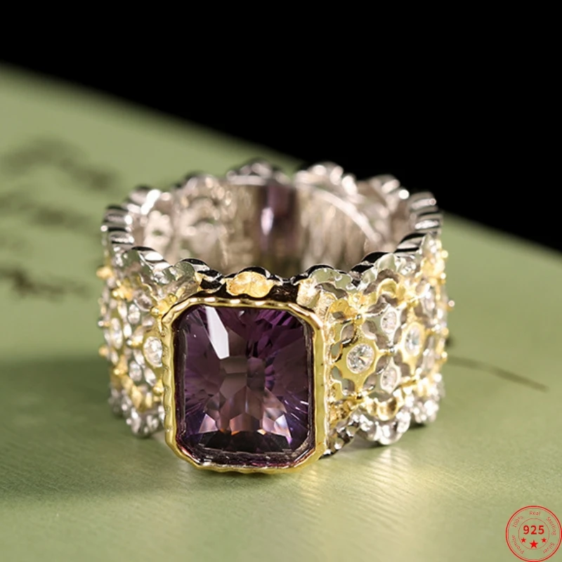 

S925 Sterling Silver Rings for Women New Fashion Enamel Hollow Gold Plated Square Amethyst Jewelry Adjustable Wholesale