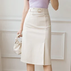 Korean Fashion Business Work Skirt for Women Elegant Irregular Slit Straight Pencil Skirt Vintage Stretch Wrap Hip Midi Skirts