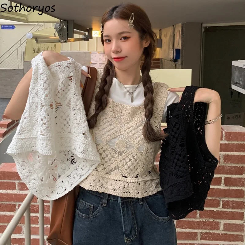 Crop Tank Tops Women Knitted Hollow Out Skin-friendly Simple Aesthetic Korean Style Beach All-match Students Sleeveless Clothes