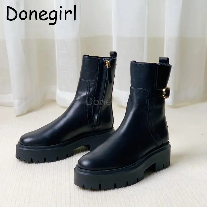 Donegirl Autumn Winter New 2023 Women Genuine Leather Thick Soles Thick Heels Shoes Solid Commute Short Boots Female Shoes Chic