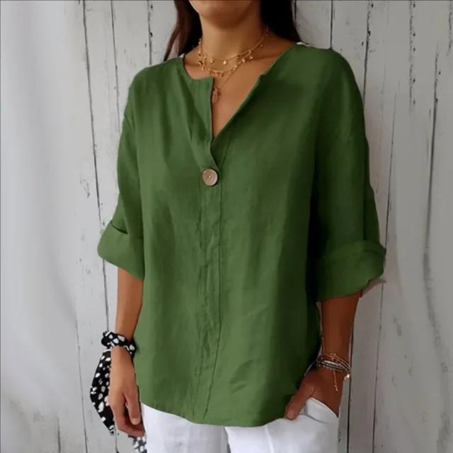 VEITCHE Spring Summer Women's Shirt Blouses Top V-neck Button Tee Shirts  3/4 Sleeve Casual Cotton Linen Top Loose Fit Pullover 5