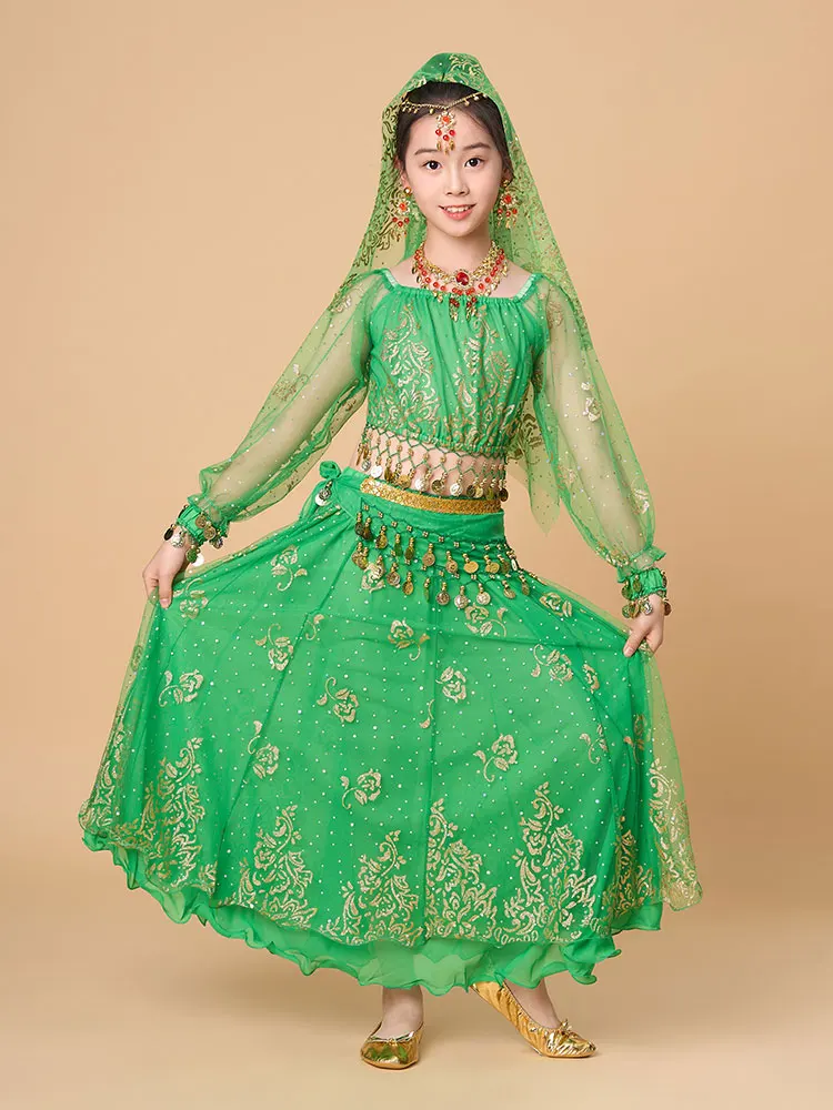 Costume de danse du ventre indien en mousseline de soie pour enfants, ensemble de 4 pièces pour spectacle d'halloween, tenues en tissu de danse pour enfants